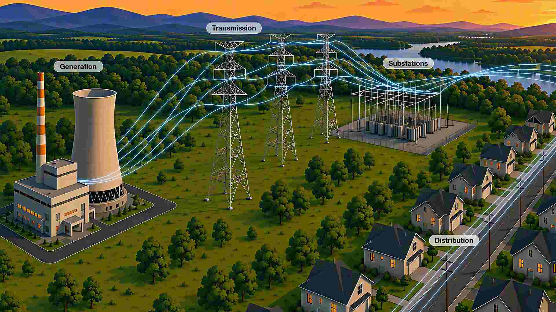 Diagram showing electricity moving from generation through transmission lines and substations to distribution lines serving homes.