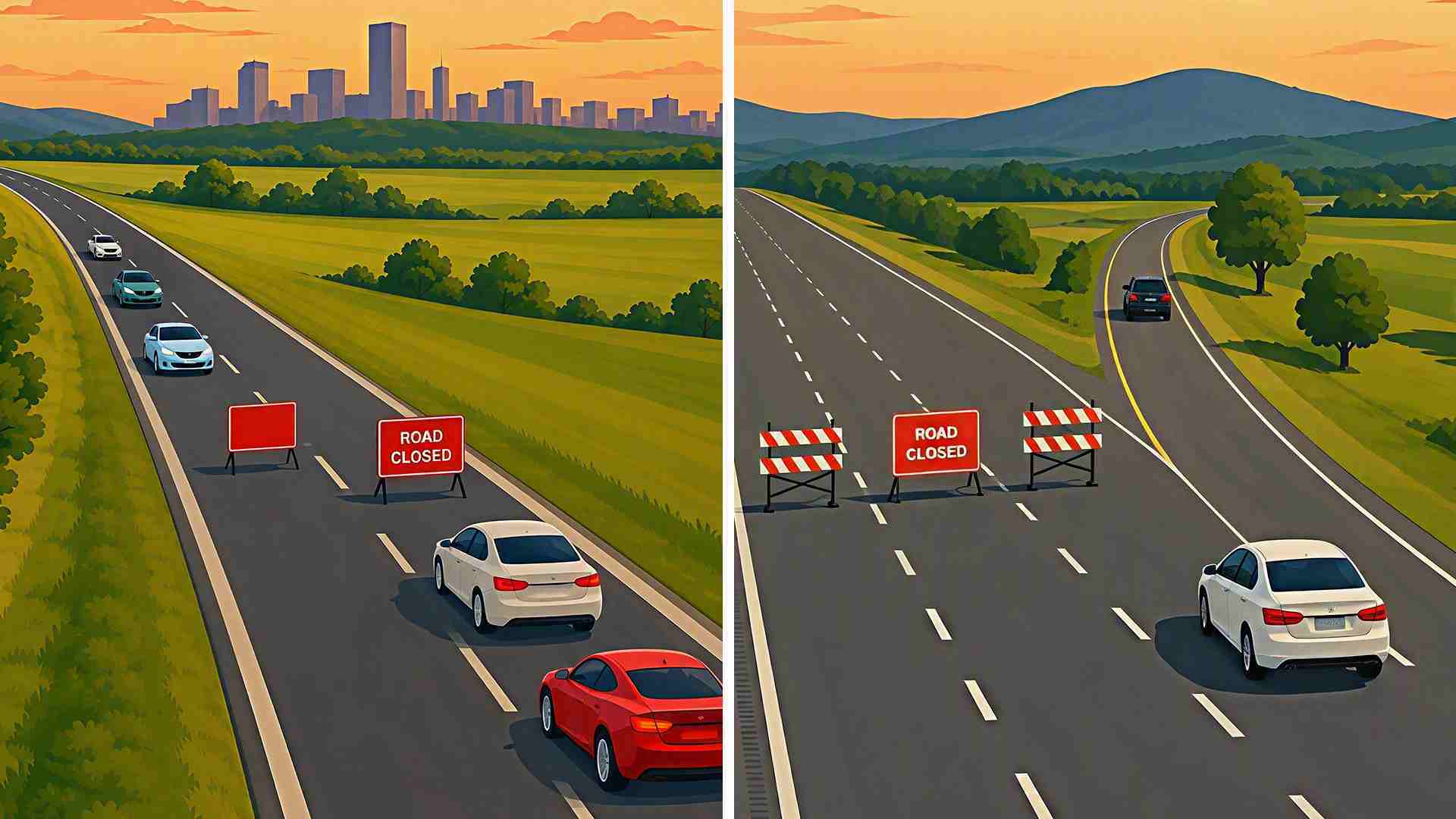 Split-screen highway illustration showing traffic using an alternate route when the main roadway is closed.