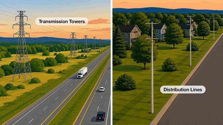 Split-screen illustration comparing high-voltage transmission towers with local distribution lines serving homes.