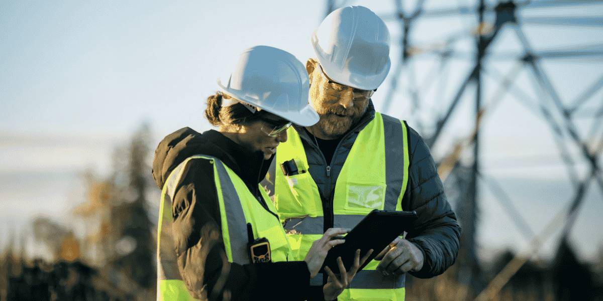 Engineers inspect high-voltage transmission lines near an electrical transmission tower. 
